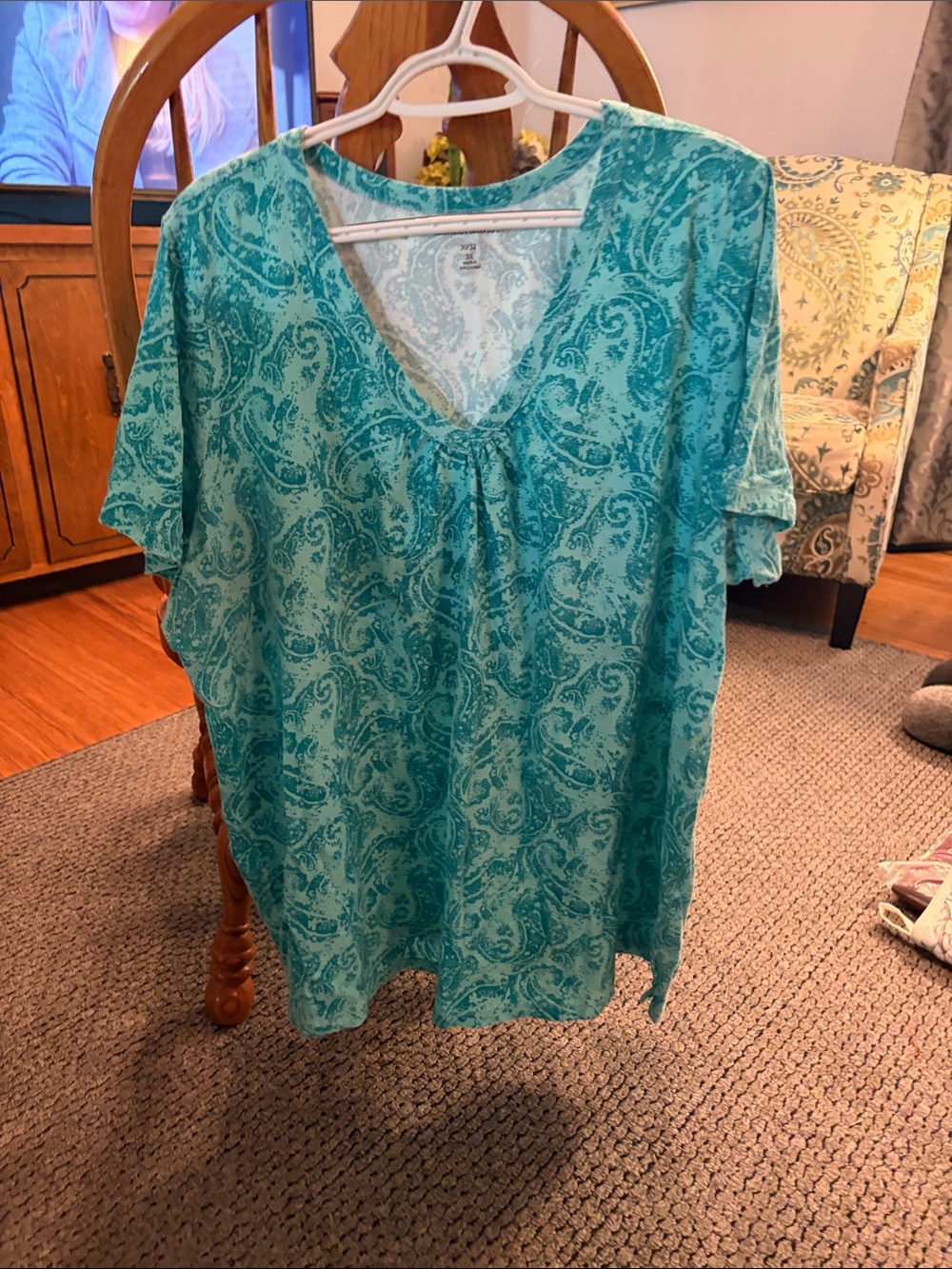 Woman Within Teal Paisley V-Neck Short Sleeve Top